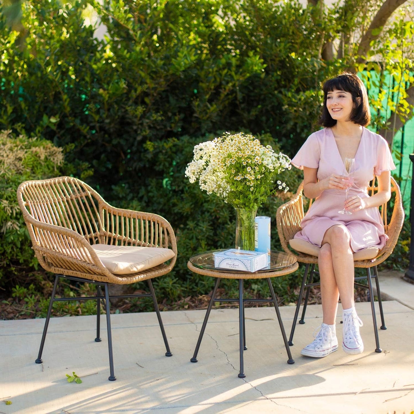 3Pcs Outdoor Bistro Chat Set Patio Conversation Wicker Chairs Glass Table with Seat Cushions, Beige-1