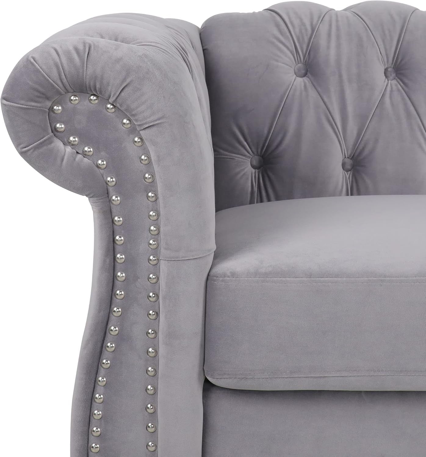 3 Pieces of Living Room Furniture Sofa Sets, Modern Velvet Chesterfield Sofa&Chesterfield Club Chair&Chesterfield Loveseat Sofas Set with Nailhead Trim Scroll Arms for Living Room(Grey)-3