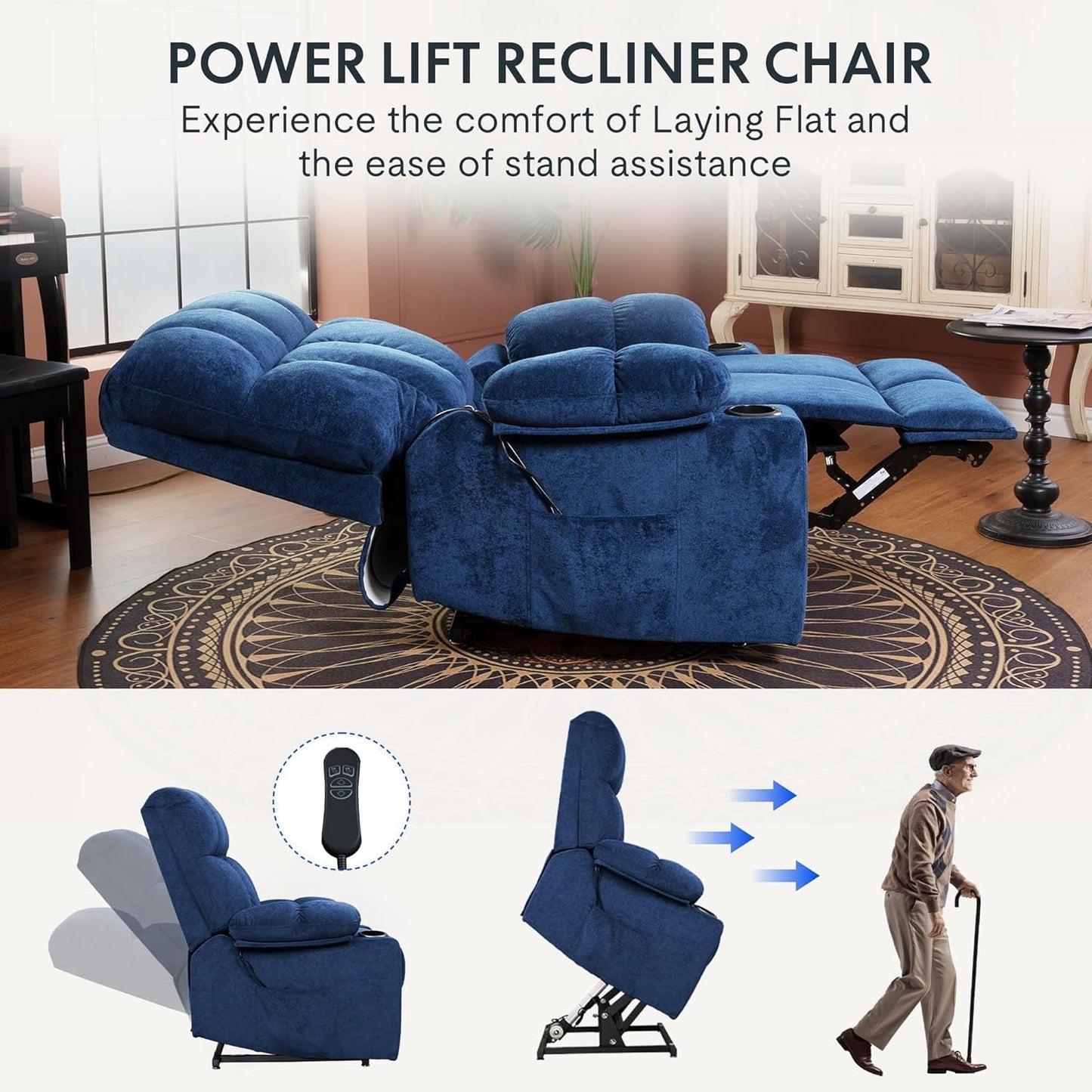 XL5 Dual OKIN Motor Power Lift Recliner Chair for Elderly, Electric Lay Flat Recliner W/Massage, Lumbar Heat, USB Port, Side Pockets, Recliner Sofa for Living Room Bedroom, Blue-1