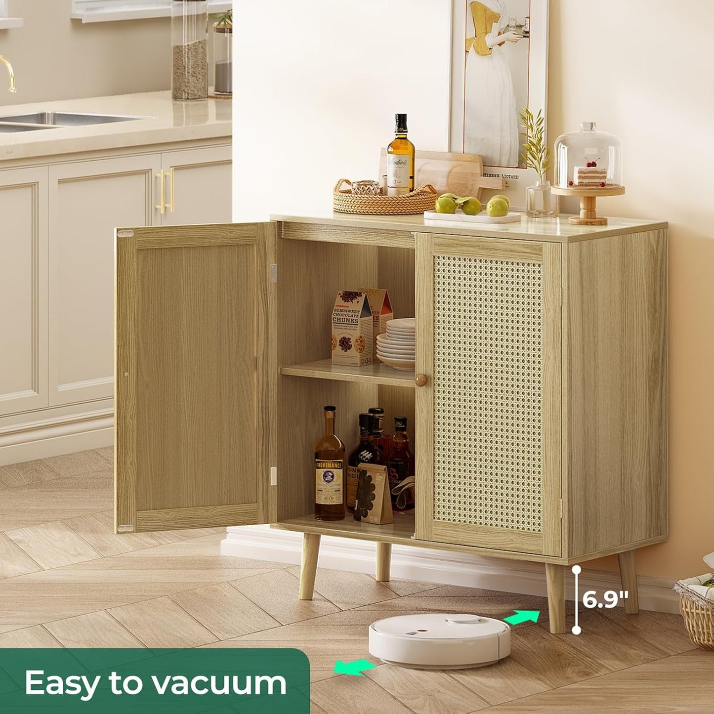 Buffet Cabinet with Storage, Storage Cabinet with PE Rattan Decor Doors, Accent Cabinet with Solid Wood Feet, Sideboard Cabinet for Hallway, Entry, Living Room, Natural-3