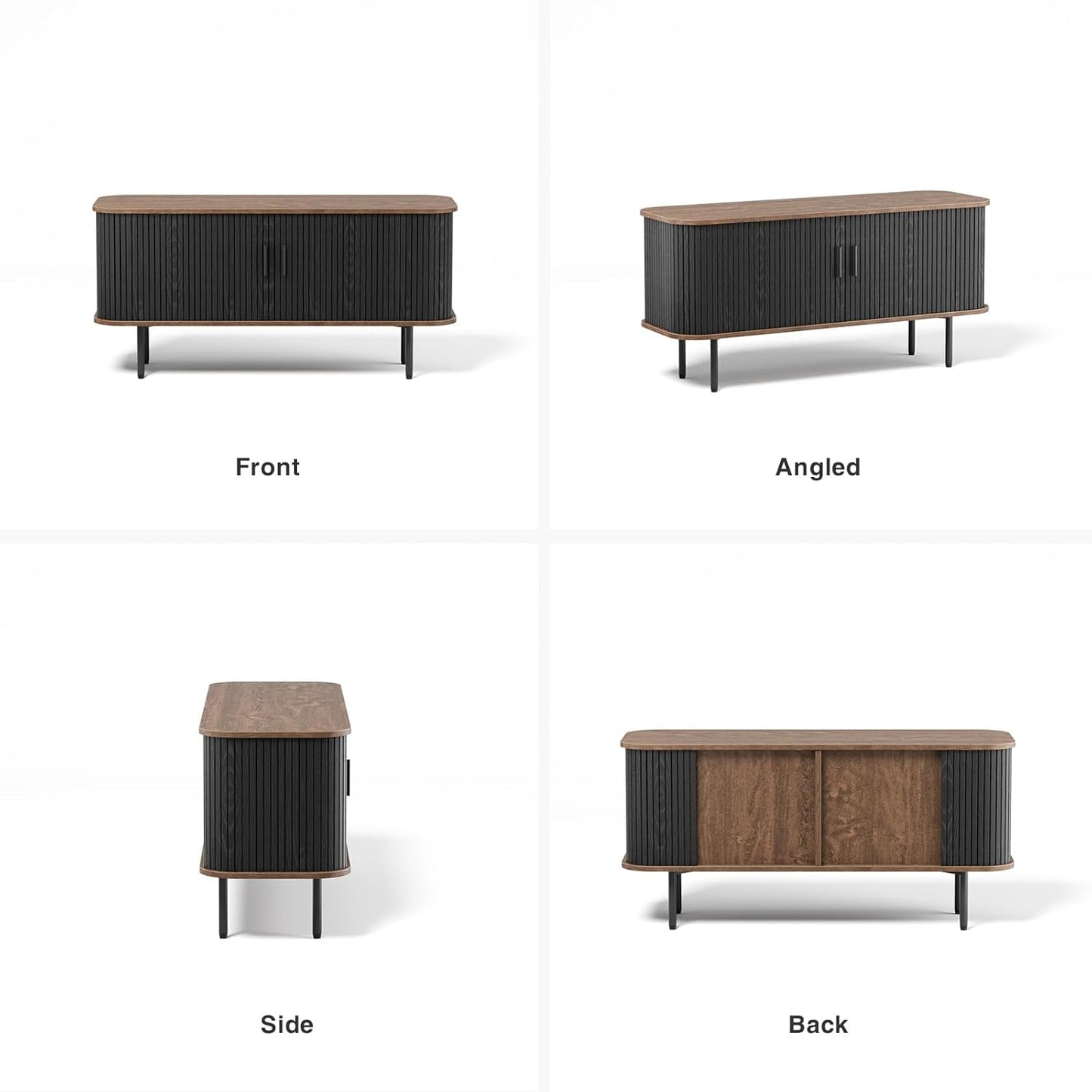 47''W Black Cabinet with Storage, Media Console, Tambour TV Stand, Television Stands with Curvy Edge; Sliding Door, Fluted Cabinet, Buffet Sideboard, Credenza, Table Stand for Living Room, Kitchen-2