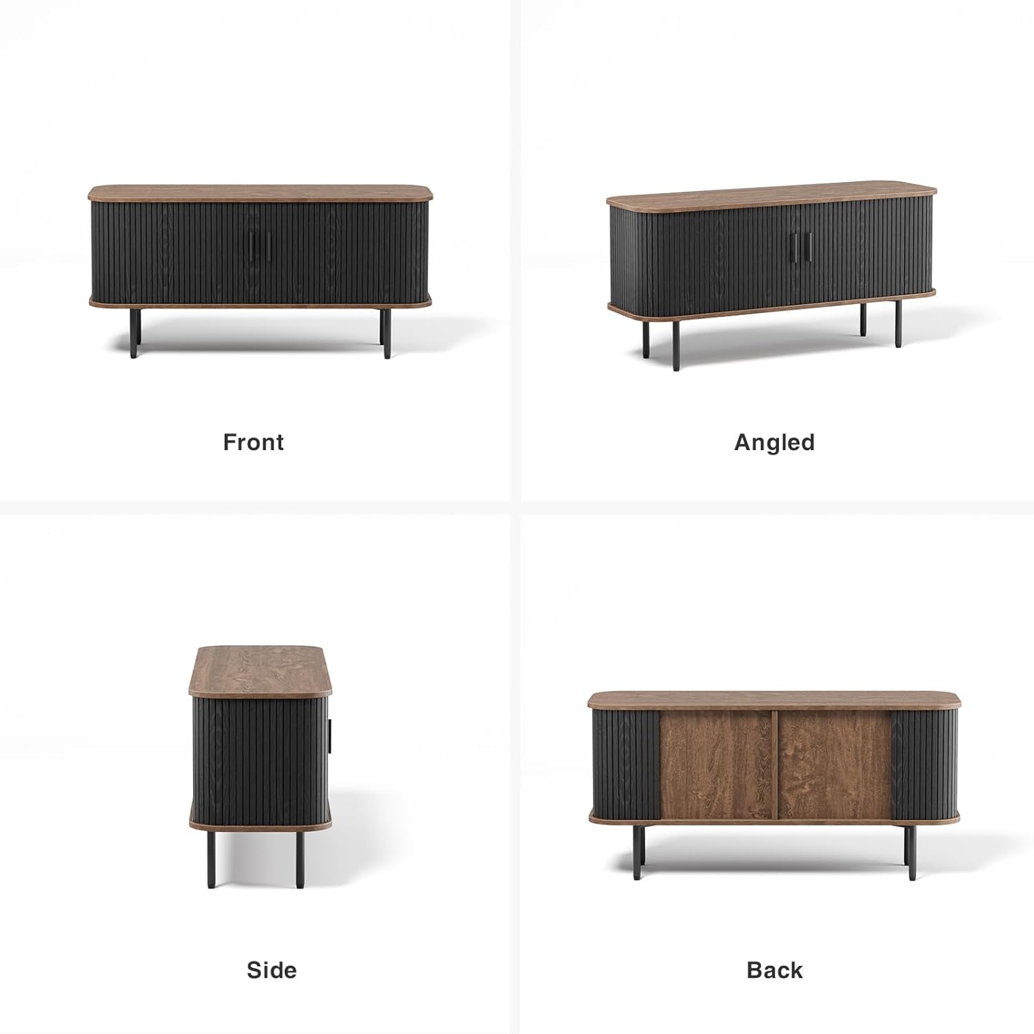 47''W Black Cabinet with Storage, Media Console, Tambour TV Stand, Television Stands with Curvy Edge; Sliding Door, Fluted Cabinet, Buffet Sideboard, Credenza, Table Stand for Living Room, Kitchen-2