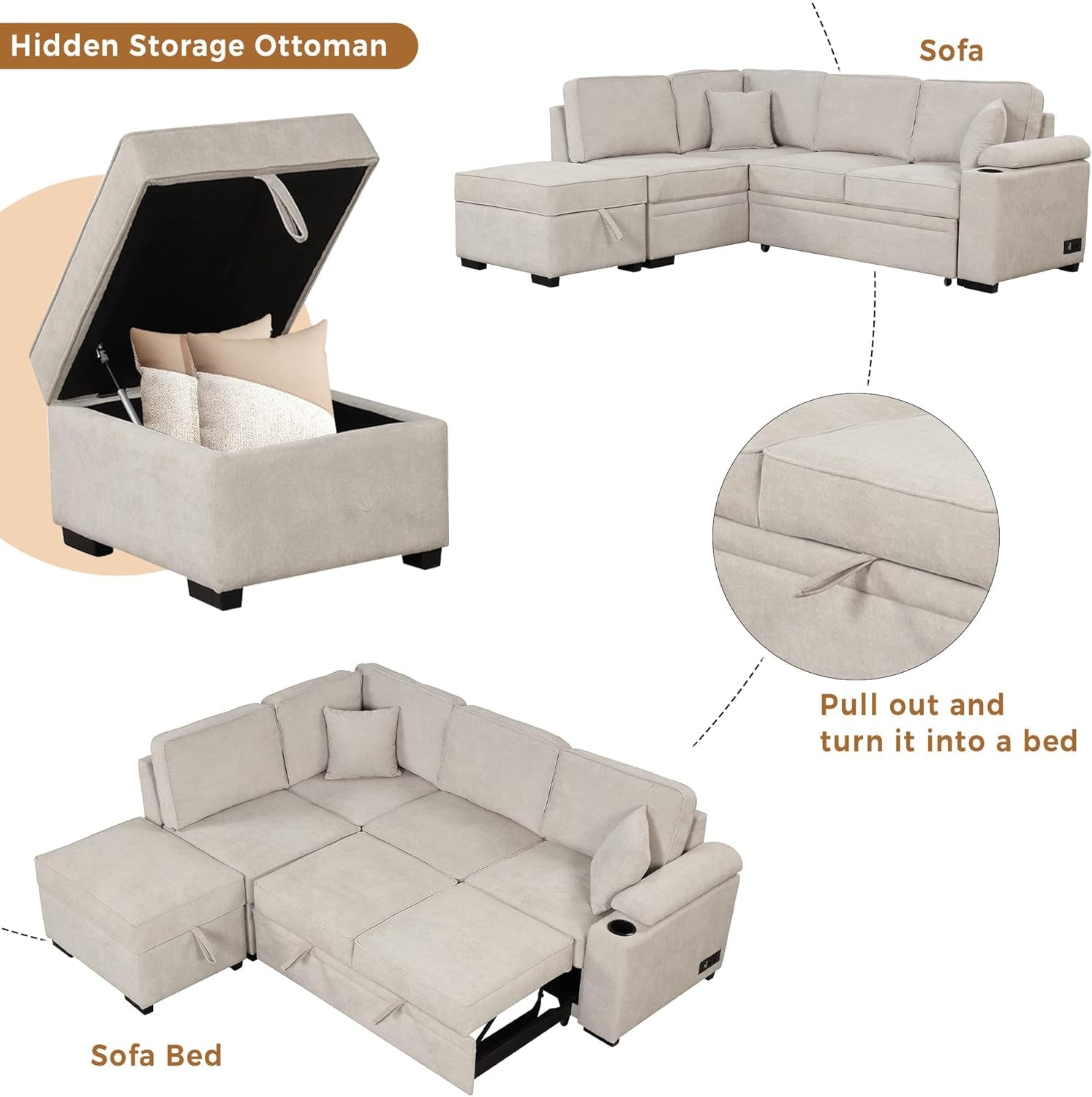 Beige Pull Out Sleeper Sofa Bed with Storage-4
