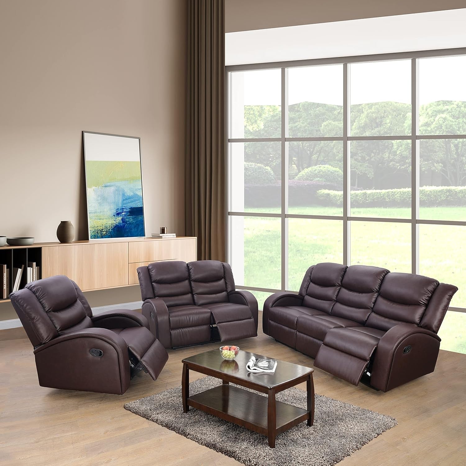 Grayson 3 Piece Living Room Recliner Set Include Love Seat, Sofa and Chair, Brown-0