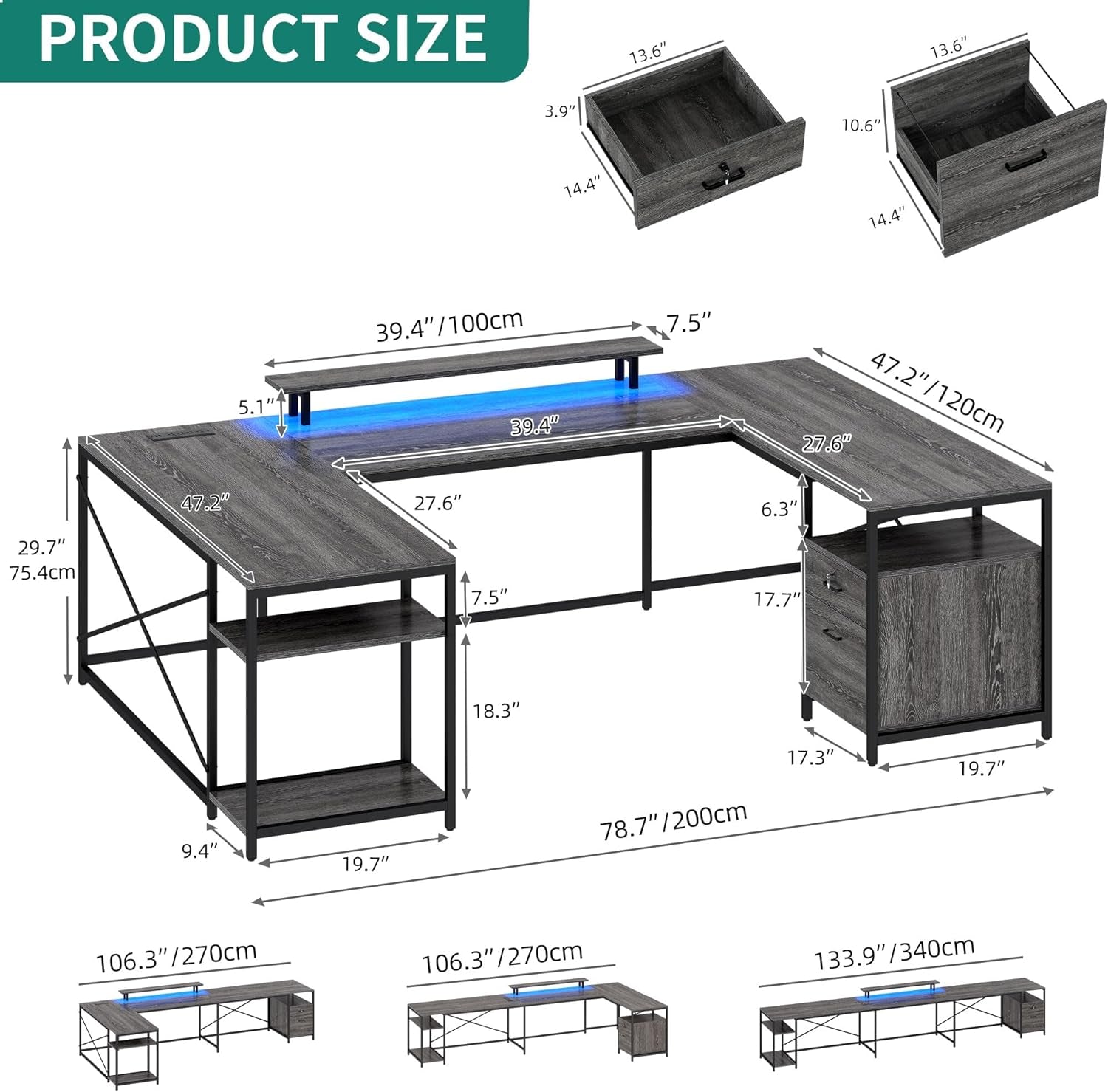 U Shaped Desk with Power Outlets & LED Lights, 79" Reversible L Shaped Desk with Drawers, Corner Computer Desk Office Desk with Monitor Stand & Storage Shelves, Grey-1