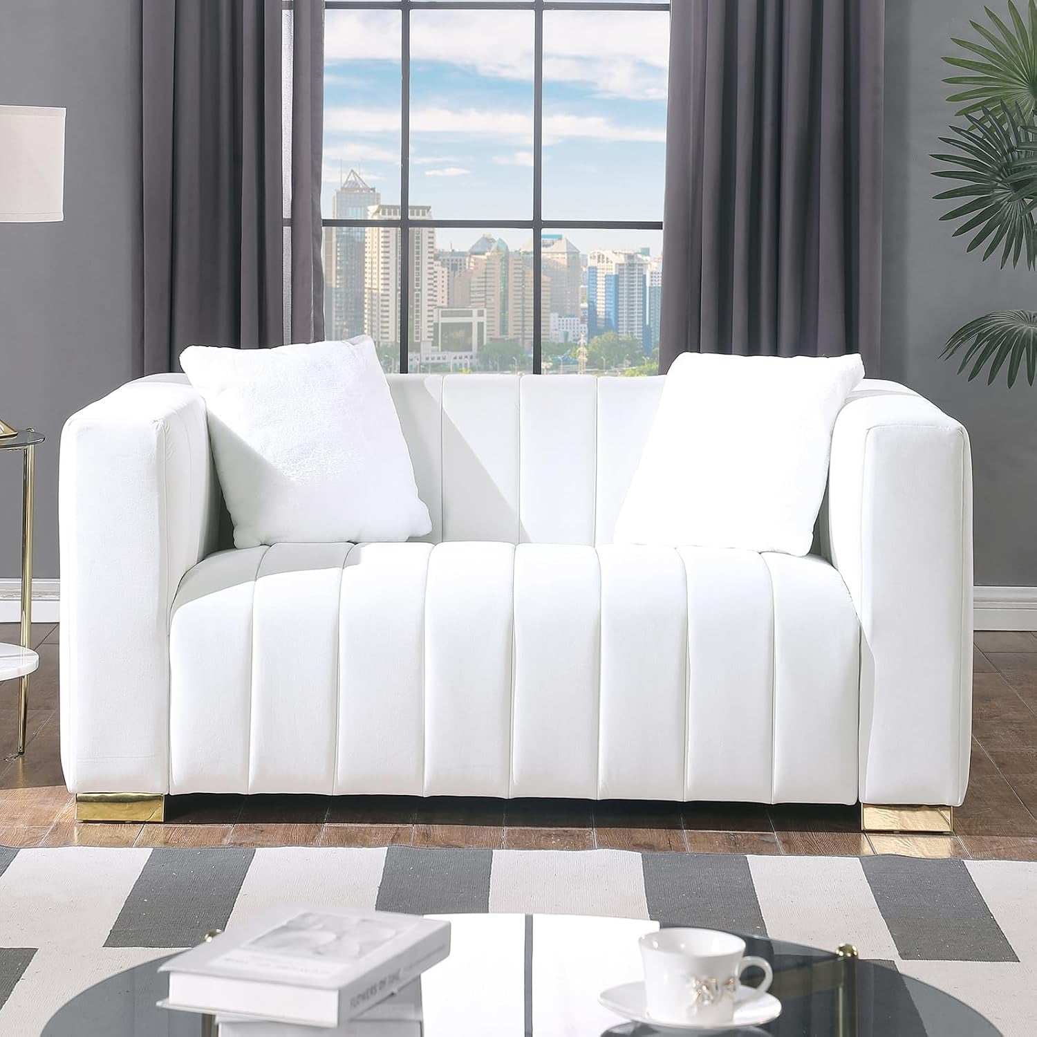 2 Piece Living Room Furniture Set, Including Loveseat and 3-Seater Sofa Couch with Channel Tufted Velvet Fabric, 4 Pillows for Bedroom Apartment, White-3