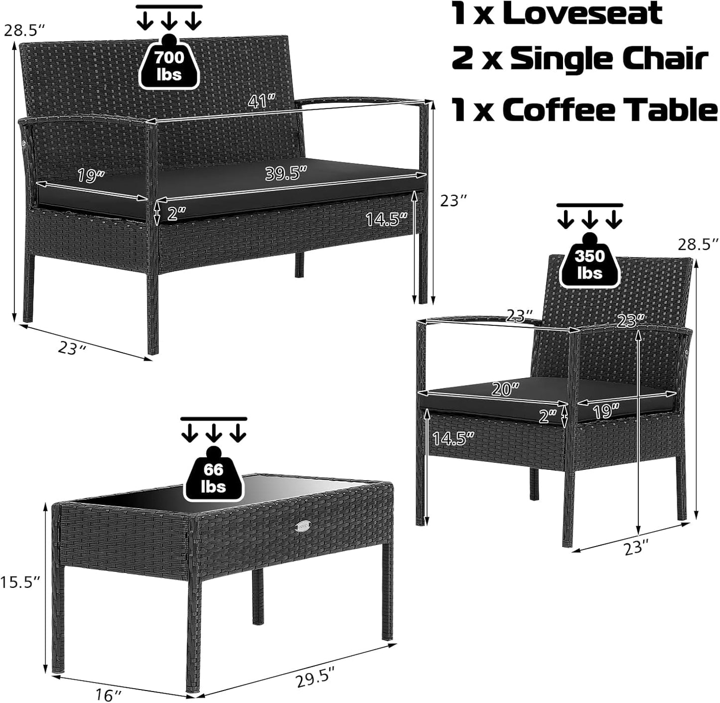 4 Piece Patio Rattan Conversation Set, Outdoor Wicker Furniture Set W/Glass Coffee Table, Solid Steel Structure, Ergonomic Seat, Suitable for Garden, Courtyard, Balcony, Poolside-3
