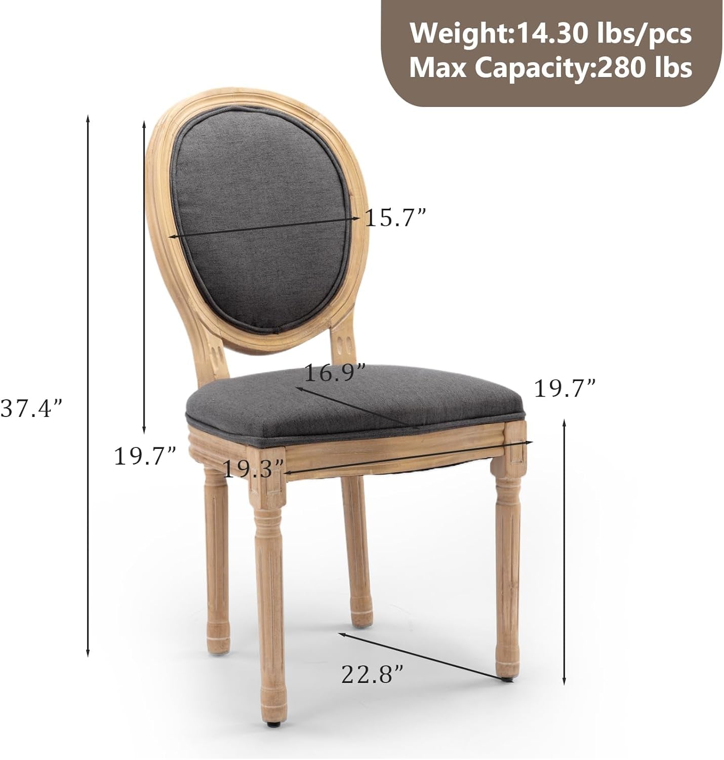 Upholstered Dining Chairs Set of 6 French Country Oval Fabric Back Kitchen Side Chair with Wood Legs for Dining Room, Kitchen, Restaurant(Dark Grey-Fabric)-2