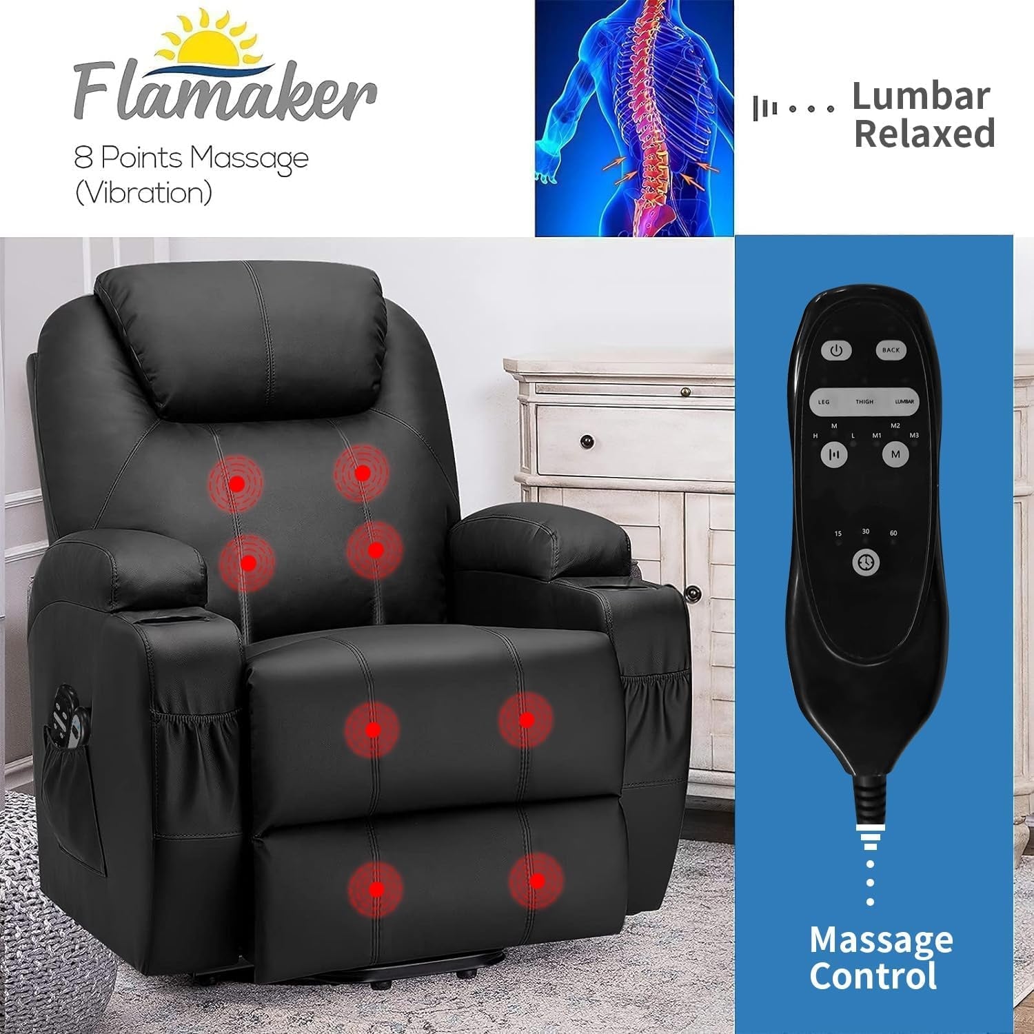 Power Lift Recliner Chair PU Leather with Massage for Elderly Ergonomic Lounge Chair Classic Single Sofa with 2 Cup Holders Side Pockets Home Theater Seat (Leather, Light Black)-3
