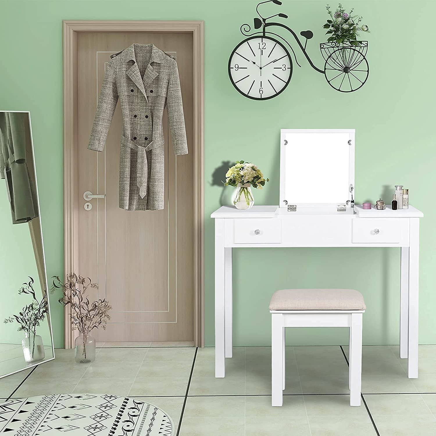 Vanity Table with Flip Top Mirror and Stool Set-0