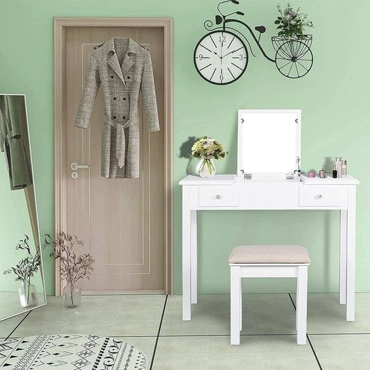 Vanity Table with Flip Top Mirror and Stool Set-0