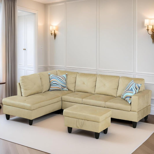 L Shaped Sectional Couch Sofa, Modern Couches for Living Room, Comfy 4 Seat Modular Sectional Sofa with Ottoman Storage for Bedroom Apartment, Beige-0