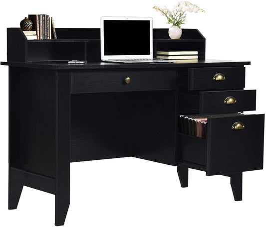 Matte Black Desk with Drawers and Hutch-0