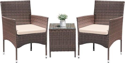 3 Pieces Patio Dining PE Rattan Wicker Chair Furniture Set with Cushion and Glass Coffee Table for Outdoor Garden Backyard Poolside, Brown and Beige-0