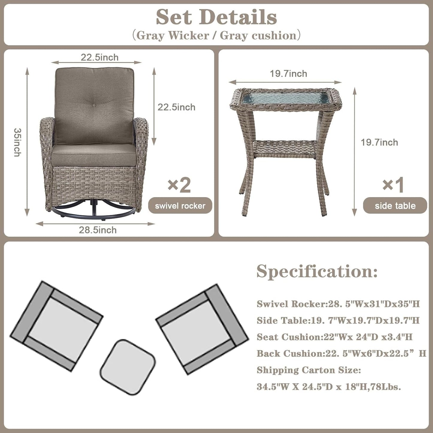 Swivel Patio Chairs Wicker Set - Outdoor Swivel Rocker Chair with Side Table, 3 Piece Patio Glider Chairs Furniture Set with Water-Resistant Cushions for Deck Porch Sunroom Gray-2