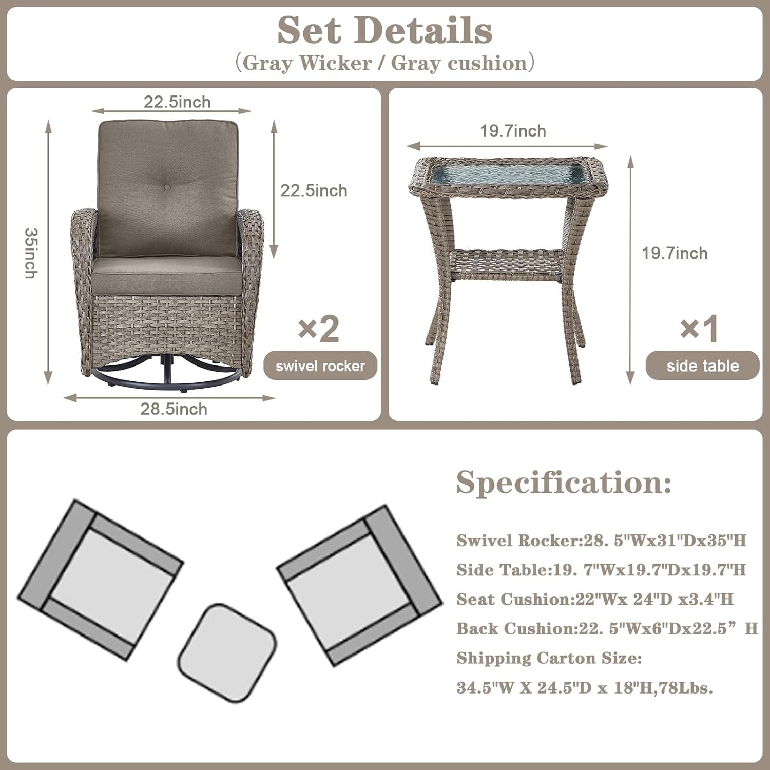 Swivel Patio Chairs Wicker Set - Outdoor Swivel Rocker Chair with Side Table, 3 Piece Patio Glider Chairs Furniture Set with Water-Resistant Cushions for Deck Porch Sunroom Gray-2