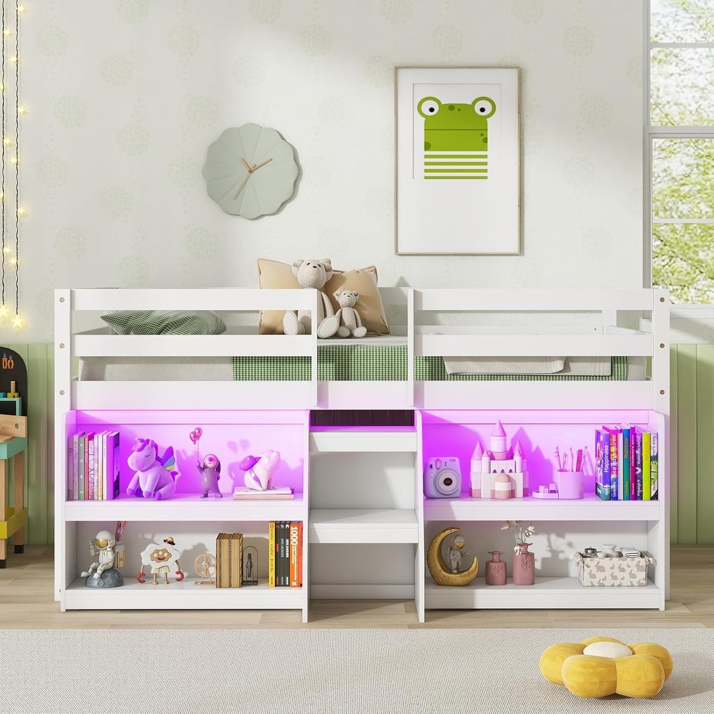 Low Loft Bed with LED Lights, Wooden Twin Loft Bed with Stairs & Safety Guardrail, Loft Bed Twin Size with Storage Bookcase and Under-Bed Play Space, Loft Bed for Kids (White)-2
