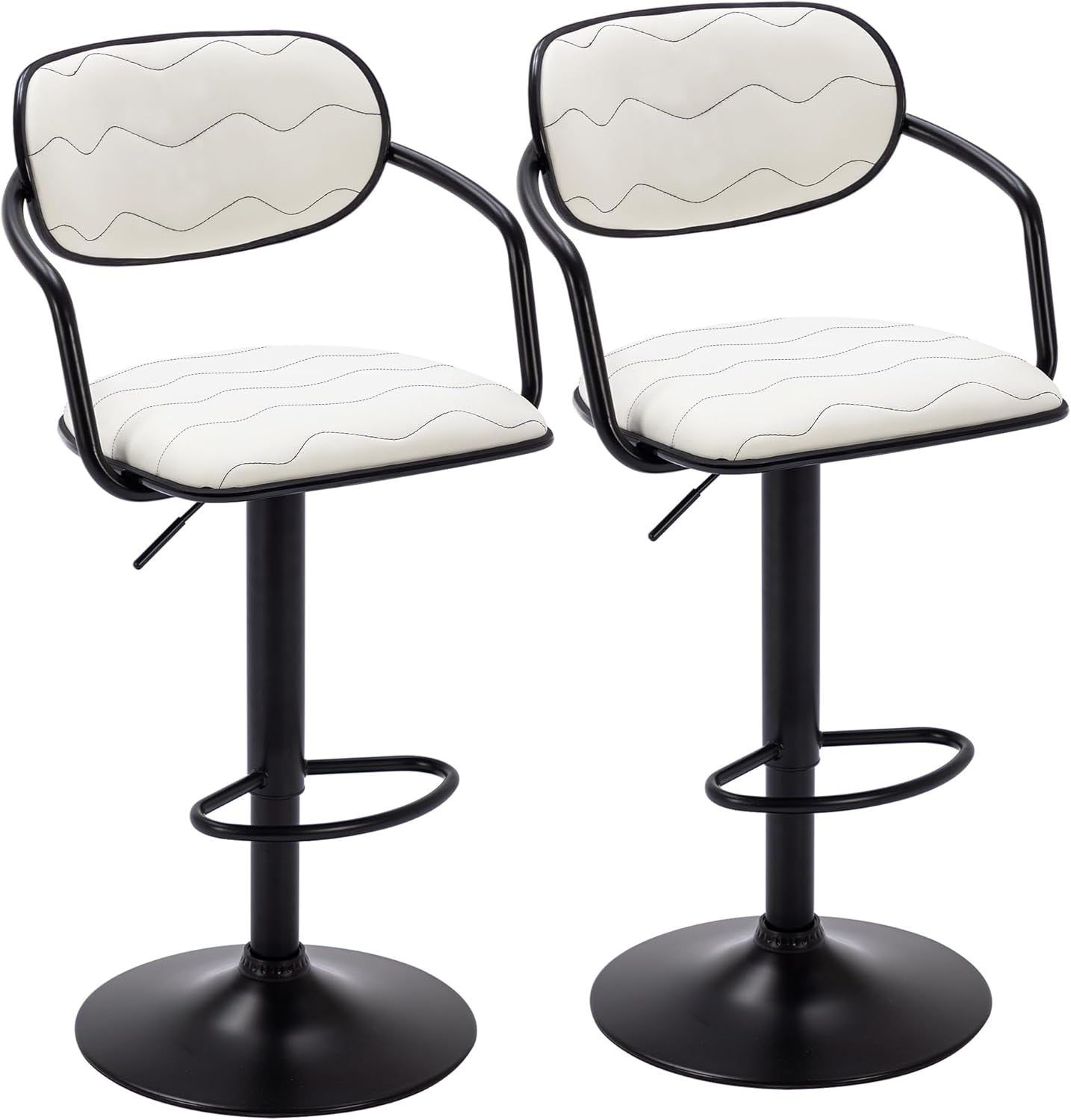 Bar Stools Set of 2, Adjustable Counter Height Barstools with Back and Arm, Swivel Bar Chairs/Pu Leather Kitchen Island Stools for Pub/Dining Room/Living Room, White-0