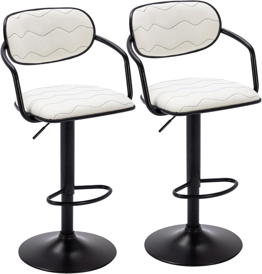 Bar Stools Set of 2, Adjustable Counter Height Barstools with Back and Arm, Swivel Bar Chairs/Pu Leather Kitchen Island Stools for Pub/Dining Room/Living Room, White-0