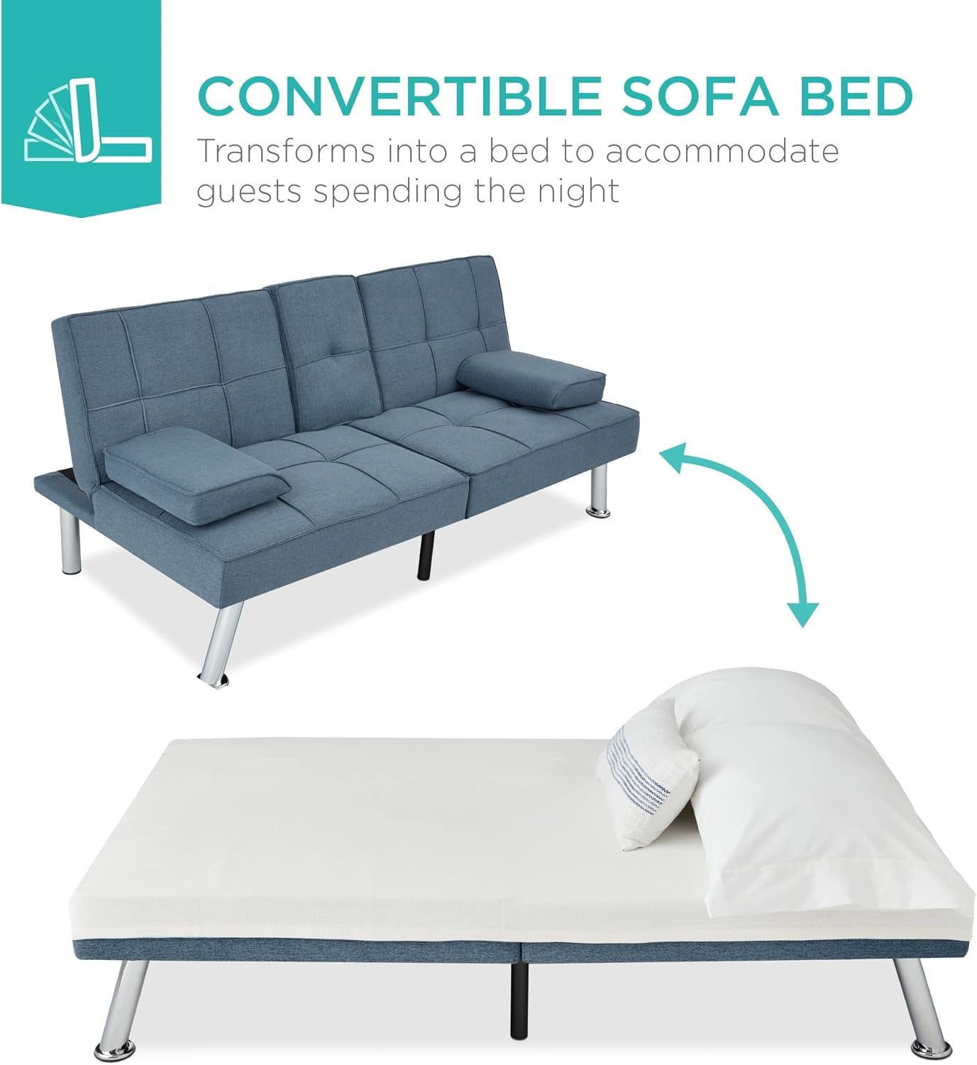 Linen Modern Folding Futon, Reclining Sofa Bed for Apartment, Dorm W/Removable Armrests, 2 Cupholders - Blue-4