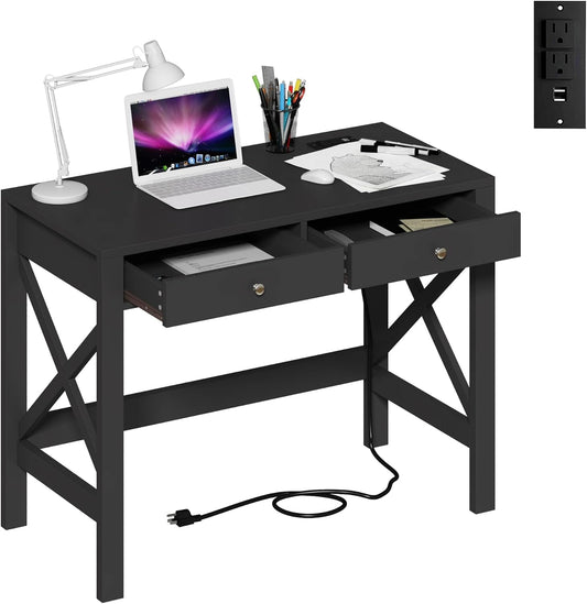 Computer Desk with USB Charging Ports and Power Outlets, 39" Black Desk with Drawers, Small Study Writing Table with Stable X Frame for Home Office-0