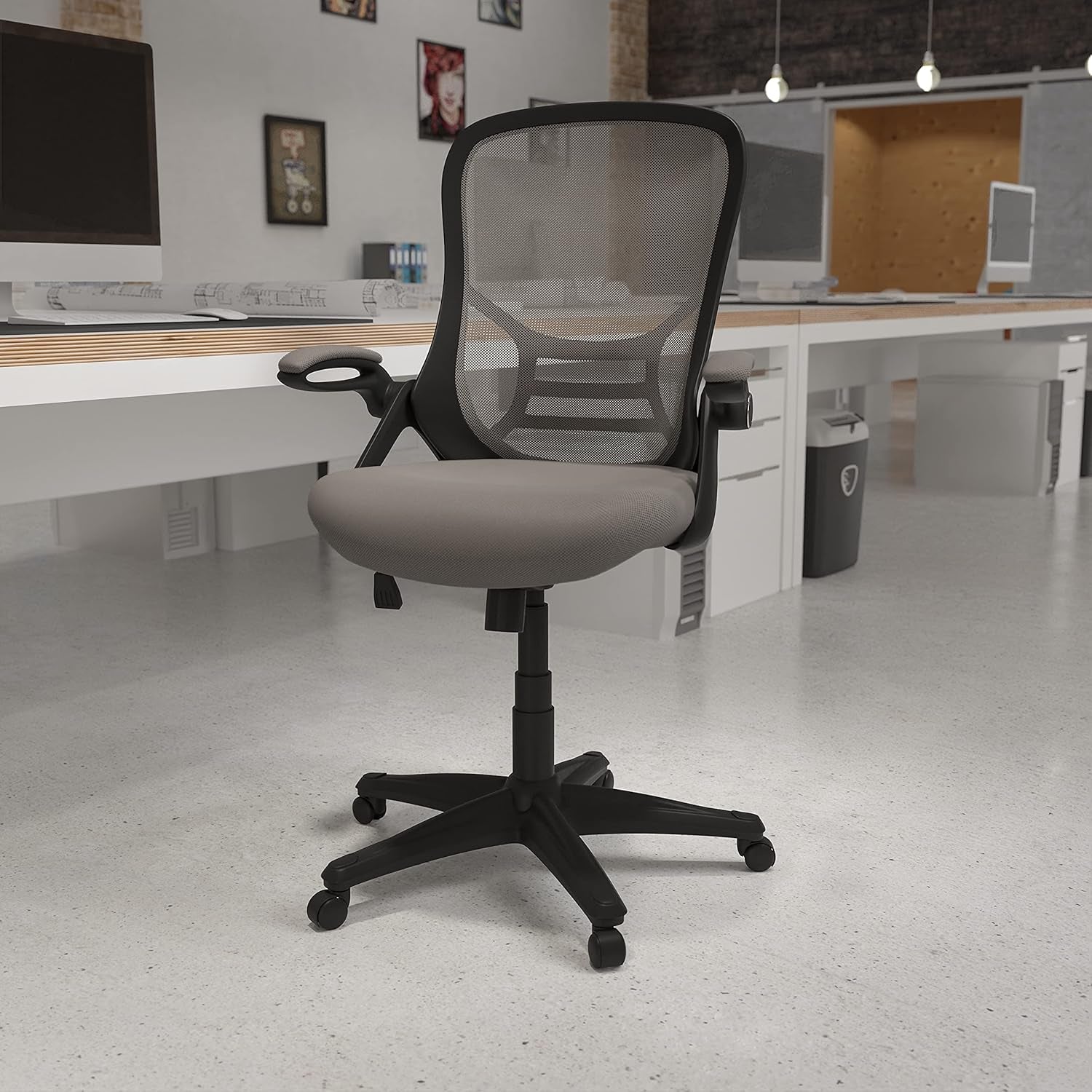 Porter High-Back Swivel Office Chair with Adjustable Lumbar Support and Seat Height, Ergonomic Mesh Desk Chair with Flip-Up Armrests, Gray/Black-1