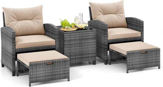 5 Piece Patio Rattan Furniture, Wicker Cushioned Chairs Set W/ 2 Ottomans & Tempered Glass Coffee Table, for Poolside, Backyard, Lawn, Deck (Mix Gray+Beige)-0