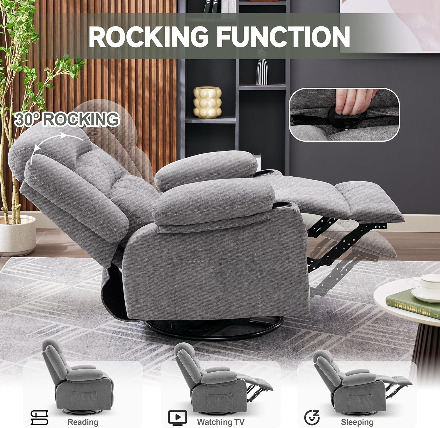 Rocker Recliner Chair with Heat and Massage, 360° Swivel Recliner Chairs for Adults, Oversized Recliner Single Sofa Seat with Cup Holders, Lazy Boy Recliner Single Sofa Seat, Grey-2