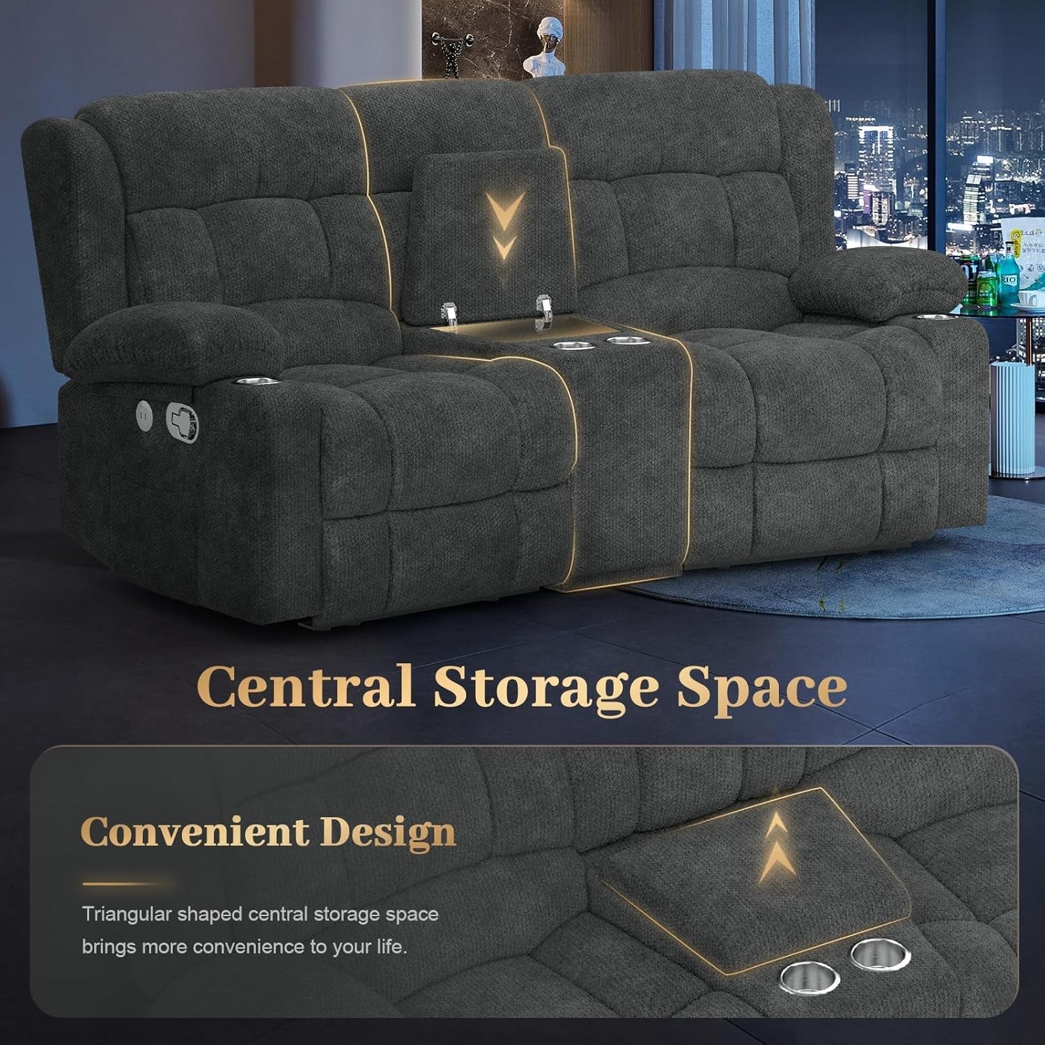 Loveseat Recliner Sofa, 2 Seater Curved Sofa for Living Room, Reclining Loveseat Sofa with Storage Console, Fabric Manual Pull Tab Reclining Loveseat with USB Charge Ports, Cup Holders (Grey)-4