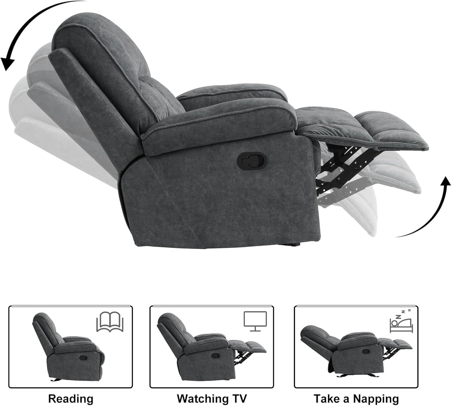 Rocker Recliner Chair for Adults, Manual Glider Chair for Nursery, Reclining Single Sofa Chair for Living Room, Upholstered Fabric Armchair, High Back, Deep Seat, Dark Grey-3