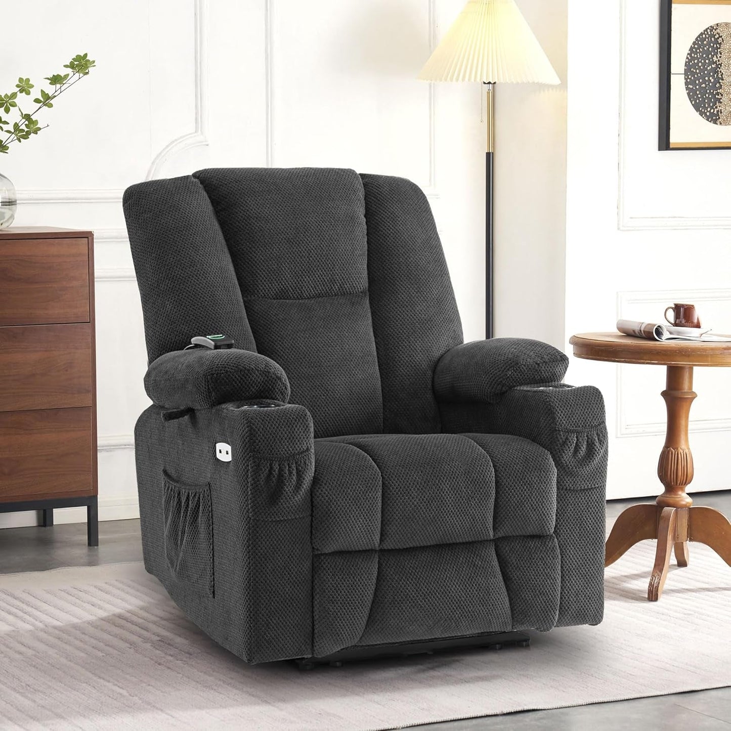 Fabric Electric Power Recliner Chair with Heat and Vibration, Cup Holders, USB Charge Ports, Extended Footrest, Cloth Powered Reclining for Living Room 8015(Grey)-1