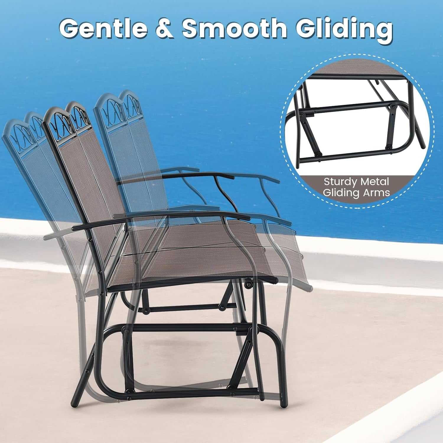 4 Pcs Patio Glider Set, Outdoor Gliding Loveseat W/Tempered Glass Coffee Table, Heavy-Duty Patio Furniture Set for Backyard, Porch, Poolside (4 PCS Patio Glider Set)-2