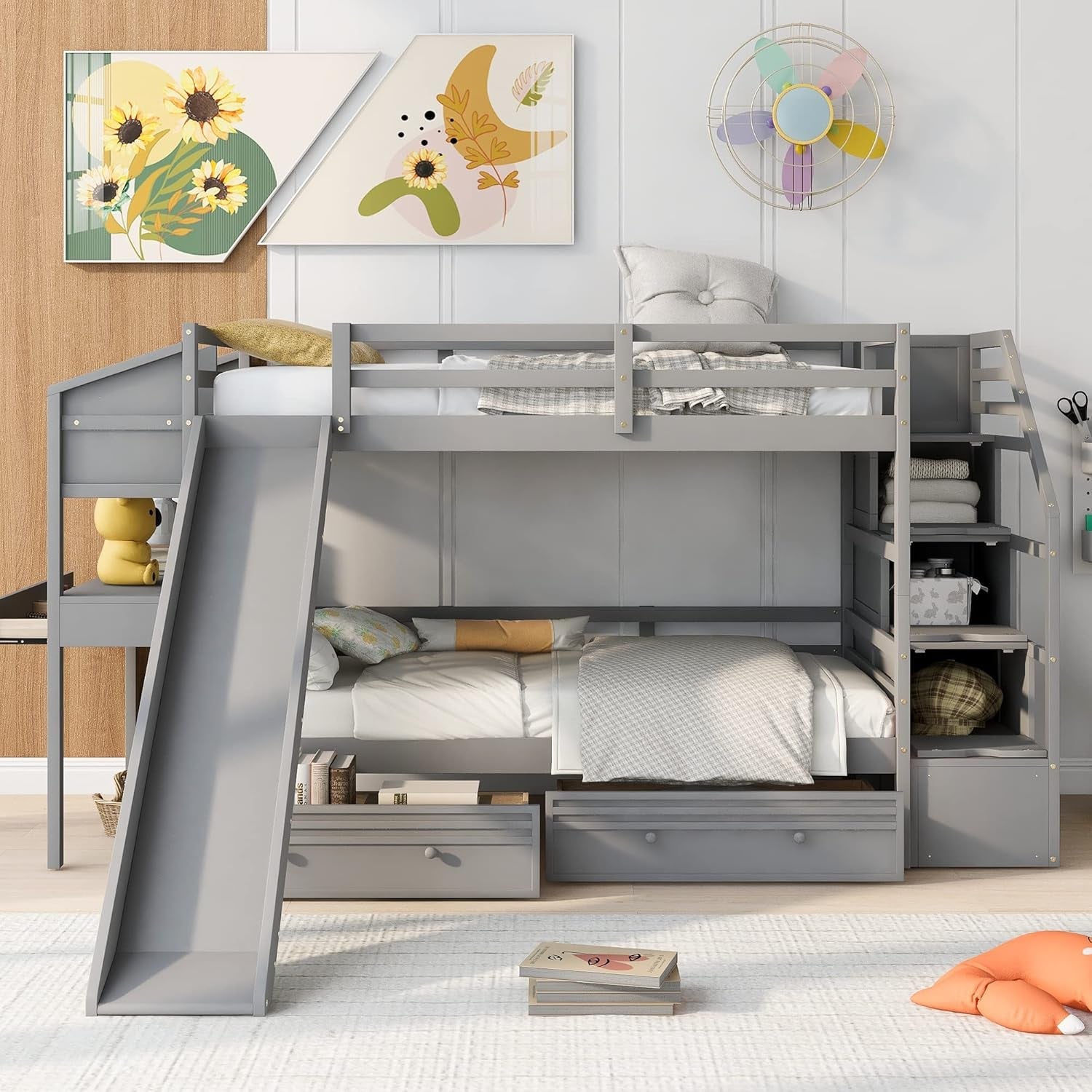 Twin over Twin Bunk Bed with Stairs, Slide, Desk, Solid Wood Bunk Bed with Storage Drawers and Shelves, for Kids Teens Adults (Gray)-3