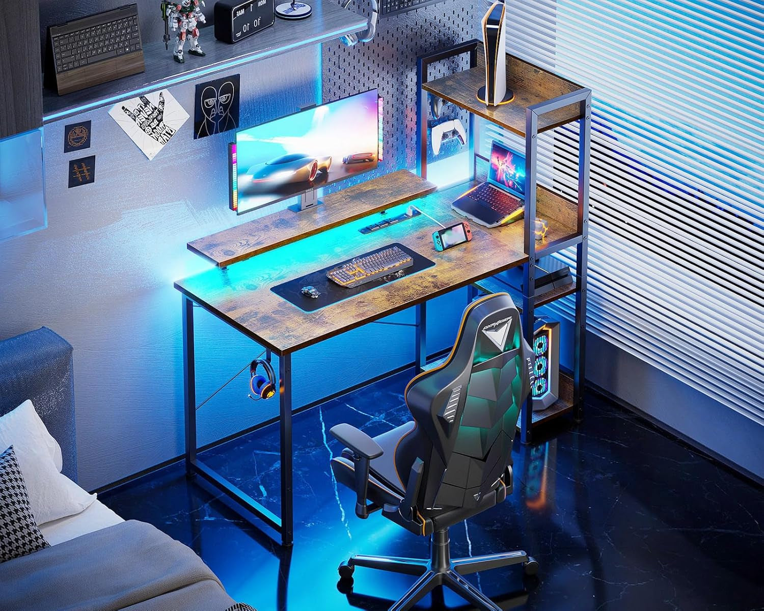 Reversible Gaming Desk with USB Charging Port and LED Lights, 40 Inch Computer Desk with Storage Shelves & Monitor Stand, Writing Study Table for Home Office, Small Space Bedroom, Rustic Brown-1