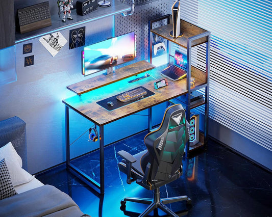 Reversible Gaming Desk with USB Charging Port and LED Lights, 40 Inch Computer Desk with Storage Shelves & Monitor Stand, Writing Study Table for Home Office, Small Space Bedroom, Rustic Brown-1