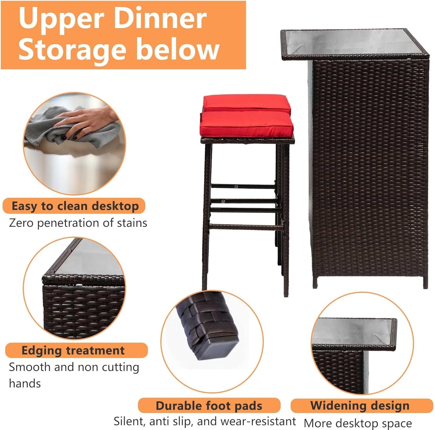 Rattan Bar Set 3Pcs Patio Wicker Bistro Set Sturdy Frame Bar Height Table with Glass Table Top Storage Shelves 2 Bar Stools for Patio Poolside Porch Outdoor Indoor, Khaki (Red)-3