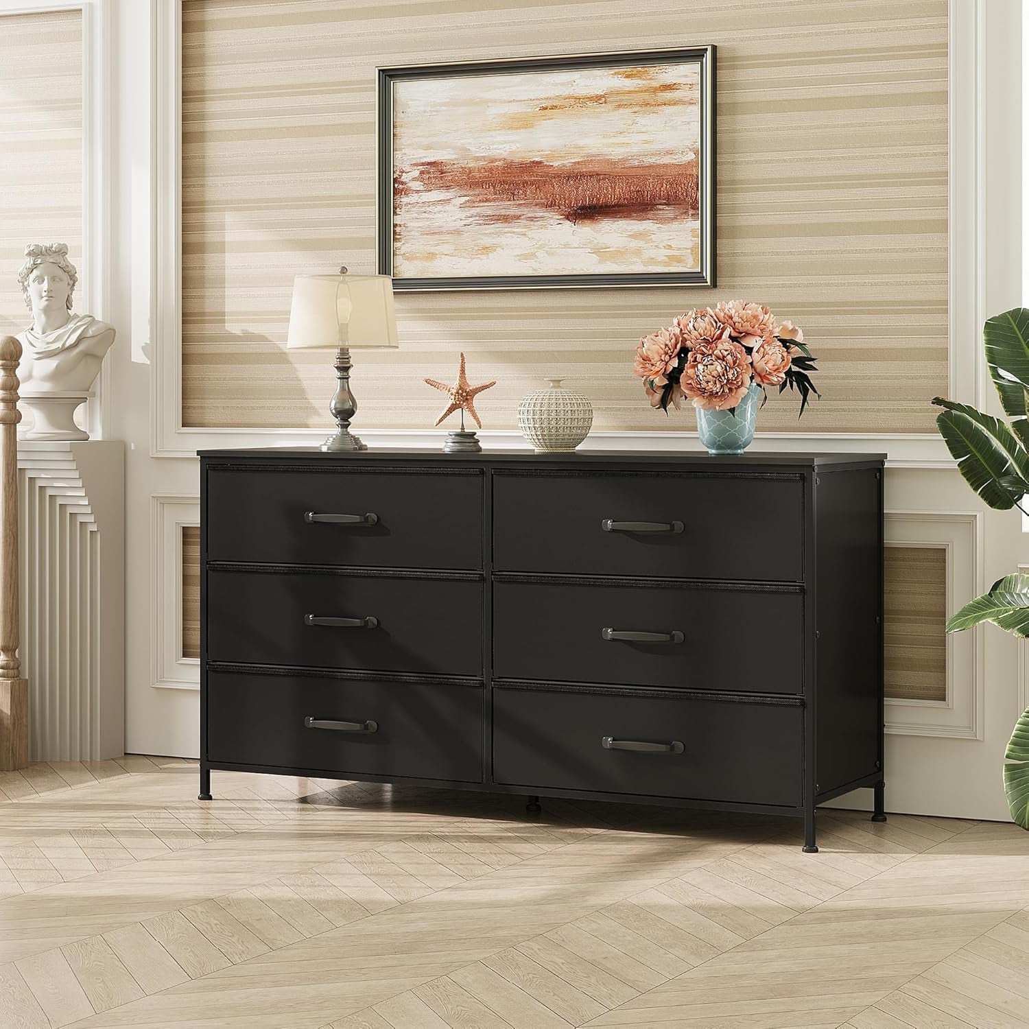 Wide Fabric Dresser, 6 Drawer Dresser TV Stand for 60" TV, Dressers Bedroom Furniture Large Storage Tower Unit with Fabric Bins, Black Dresser for Bedroom, Closet, Hallway, Black-3