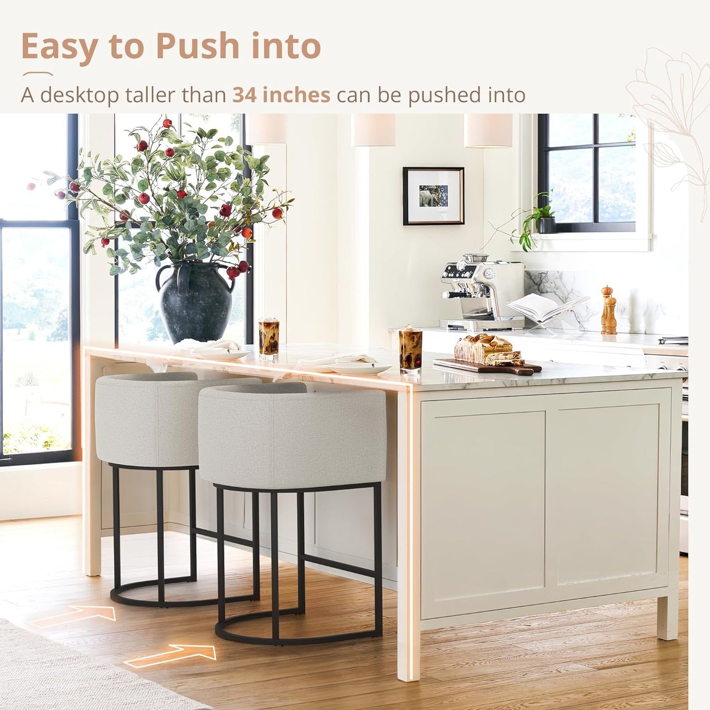 27" H Counter Height Bar Stools, Modern Barrel Counter Stools with Backrest and Arms, Black Metal Frames, Linen Fabric Upholstered Accent Barstools for Kitchen Island, Light Gray-3