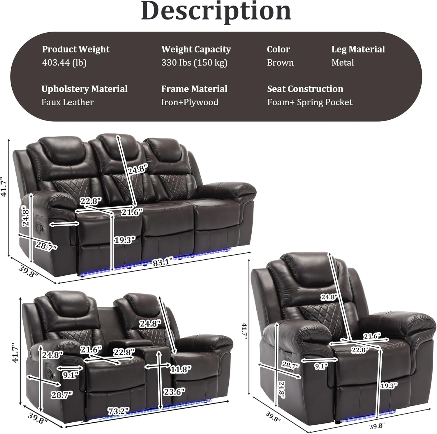 3 Pcs Living Room Furniture Sets,Sectional Recliner Leather Sofa Sets,Home Theater Seating Manual Recliner Sofa with Center Console and LED Light Strip for Living Room,Office. Brown（3+2+1）-1