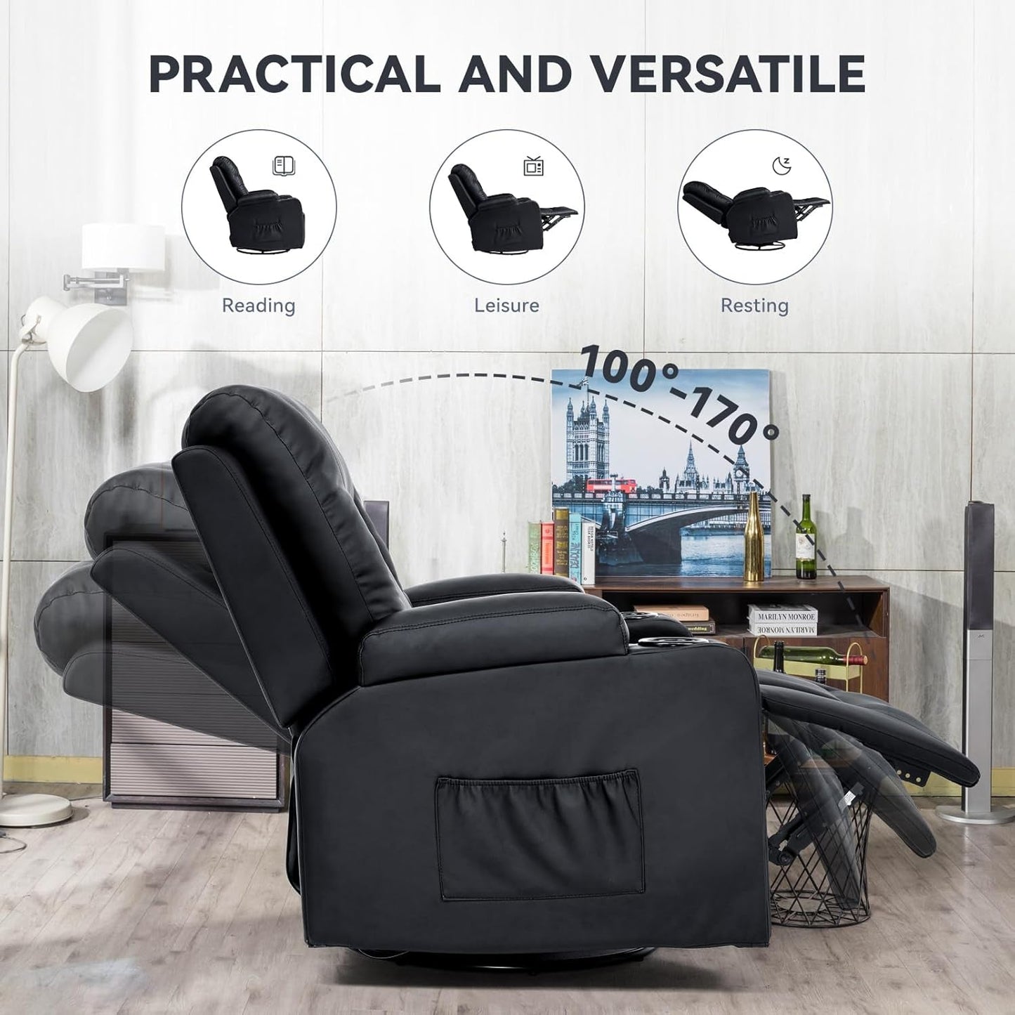 Living Room Furniture Set, Bonded Leather Loveseat Sofa with Cup Holder Recliner Chair, Black-4