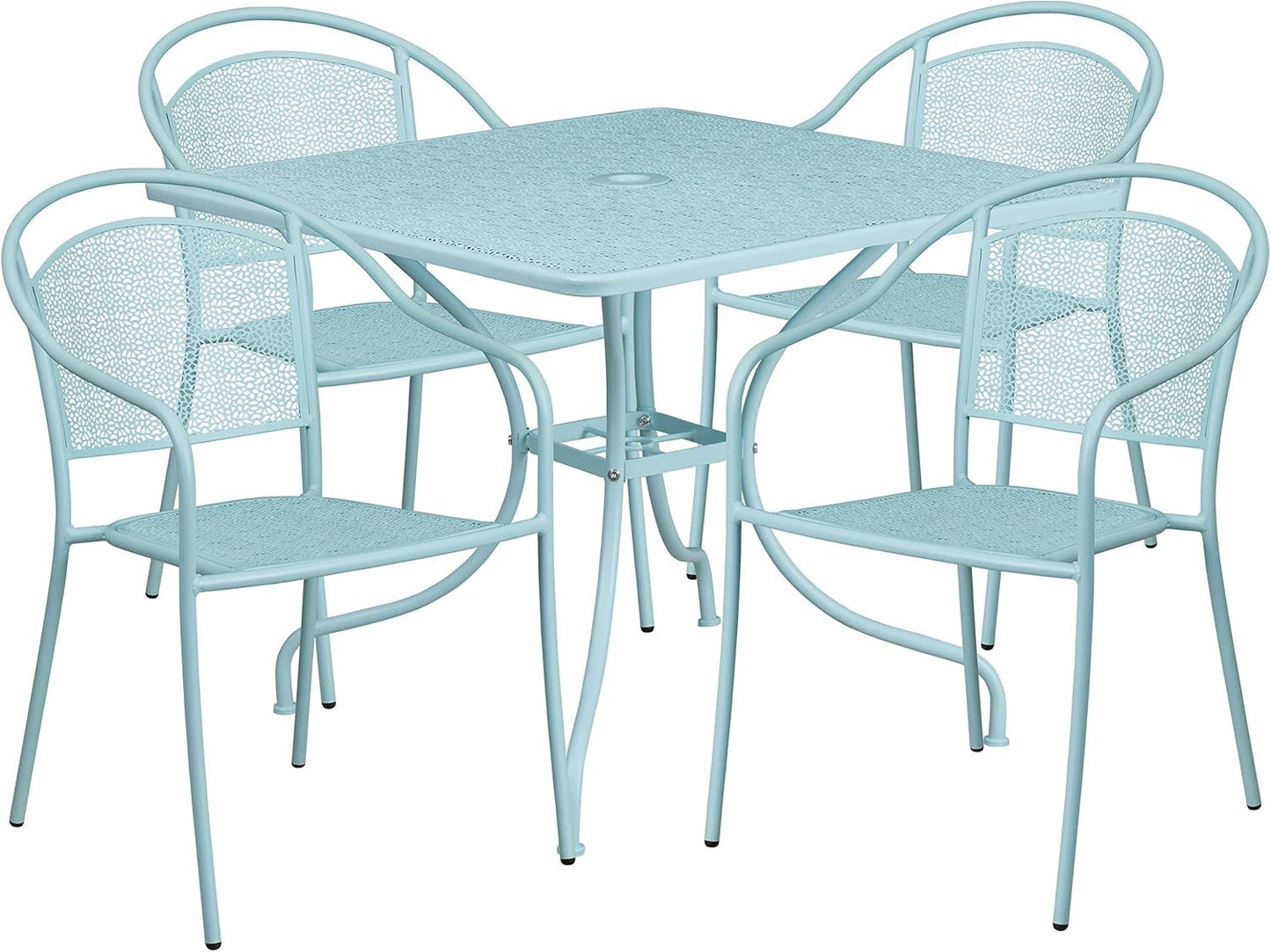 Commercial Grade 35.5" Square Sky Blue Patio Table Set-4 round Back Chairs-1