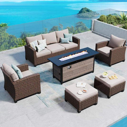 Patio Furniture Set Outdoor Furniture Brown Wicker Rattan Patio Conversation Sets with Cushion outside Sofa Set,6 Pieces with Rectangular Firepit Table,7 Seats,Beige-0
