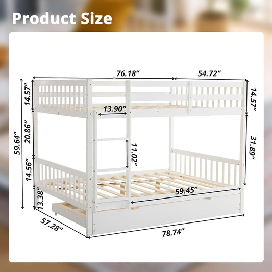 Wooden Bunk Bed,Full over Full White Bed with Trundle and Ladder,Detachable Bunk Frame with Guardrail,Space Saving Bunk Bed for Kids and Adults, No Spring Bed Required-1
