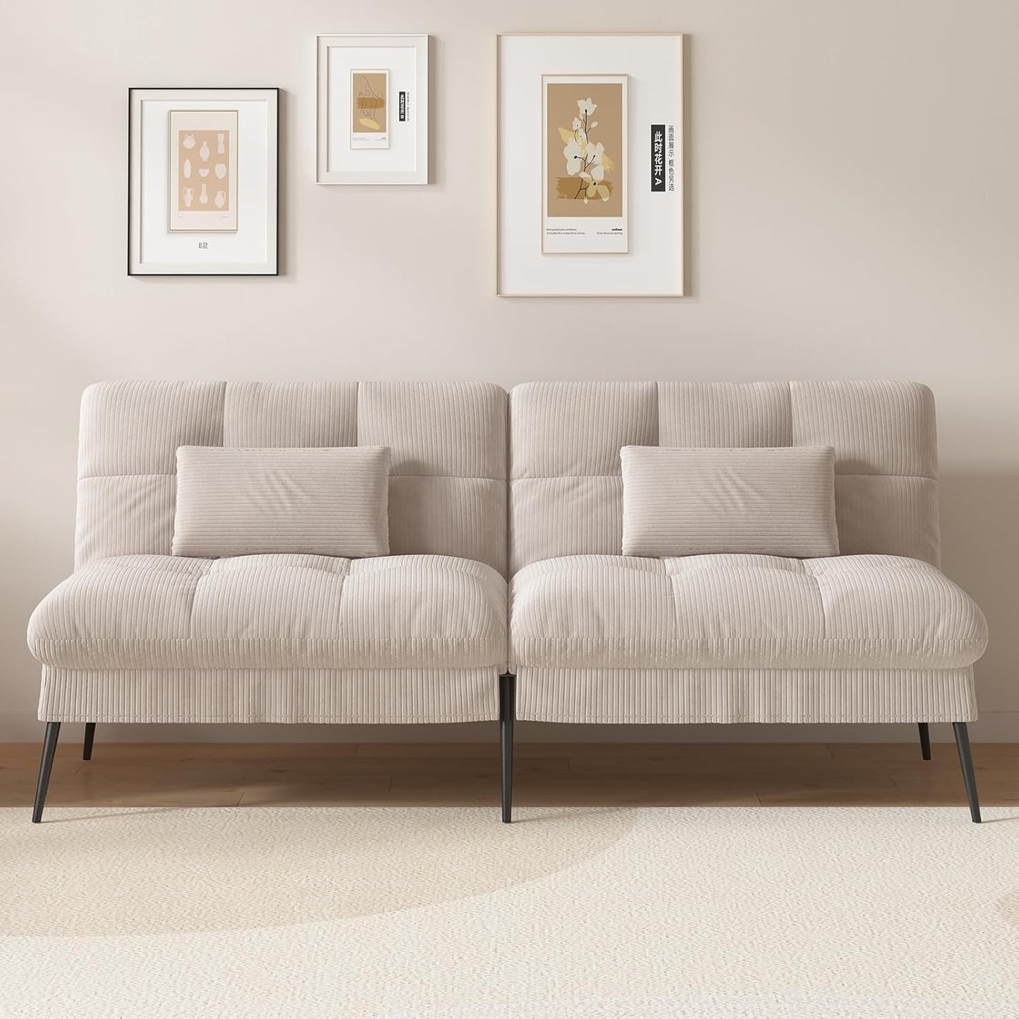 Convertible Futon Sofa Bed, 68" Corduroy Futon Couch with Adjustable Backrest, Folding Futon Loveseat for Living Room, Bedroom (Cream)-2