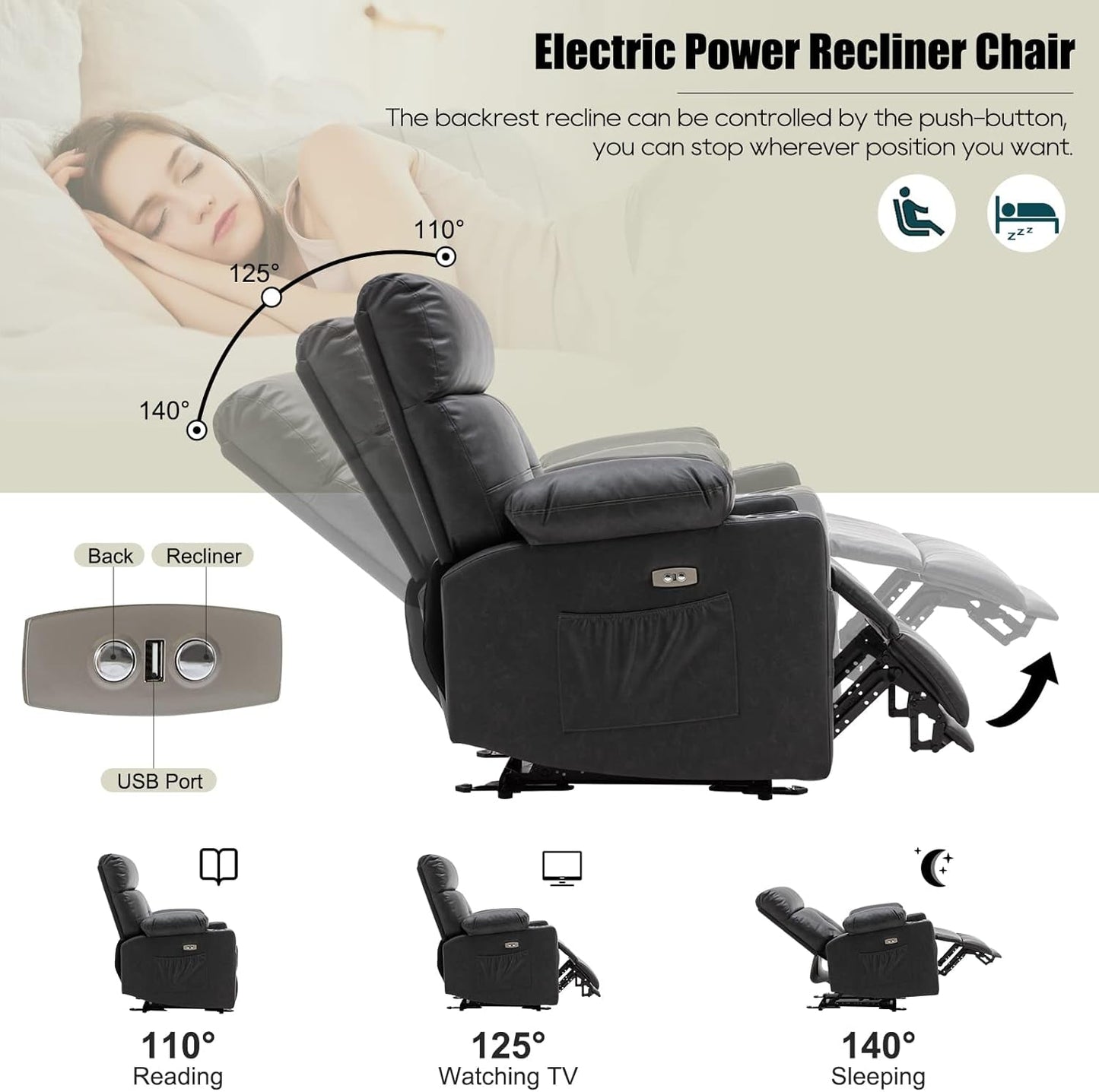 Power Recliner Sofa Set, 2 Pieces Recliner Furniture Sofa Set, Power Reclining Loveseat with Massage and Heat, Loveseat Recliner Sofa with Center Console & Cup Houlders for Living Room-3