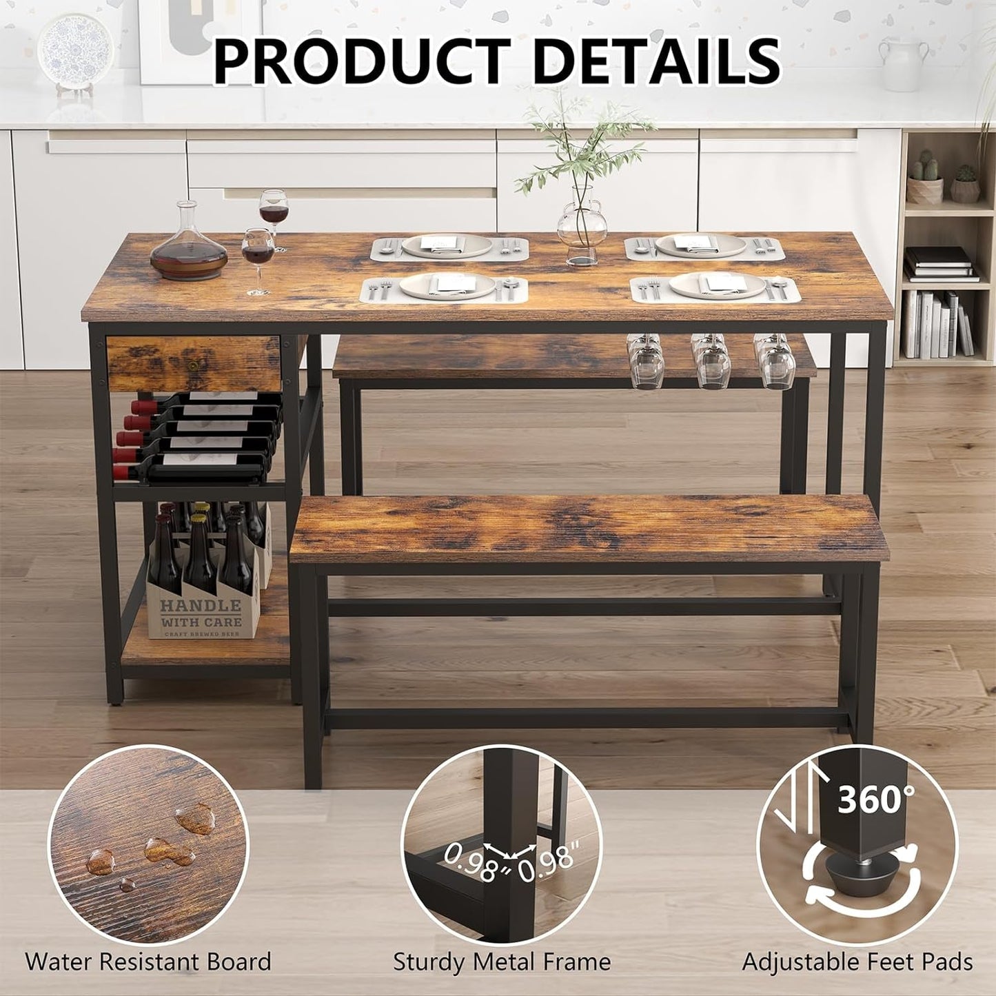 Elegant Rustic Dining Table Set for 4-6 with Storage Drawer, Wine Rack & Glass Holder - 54.7" Kitchen Dinner Table with 2 Benches-4