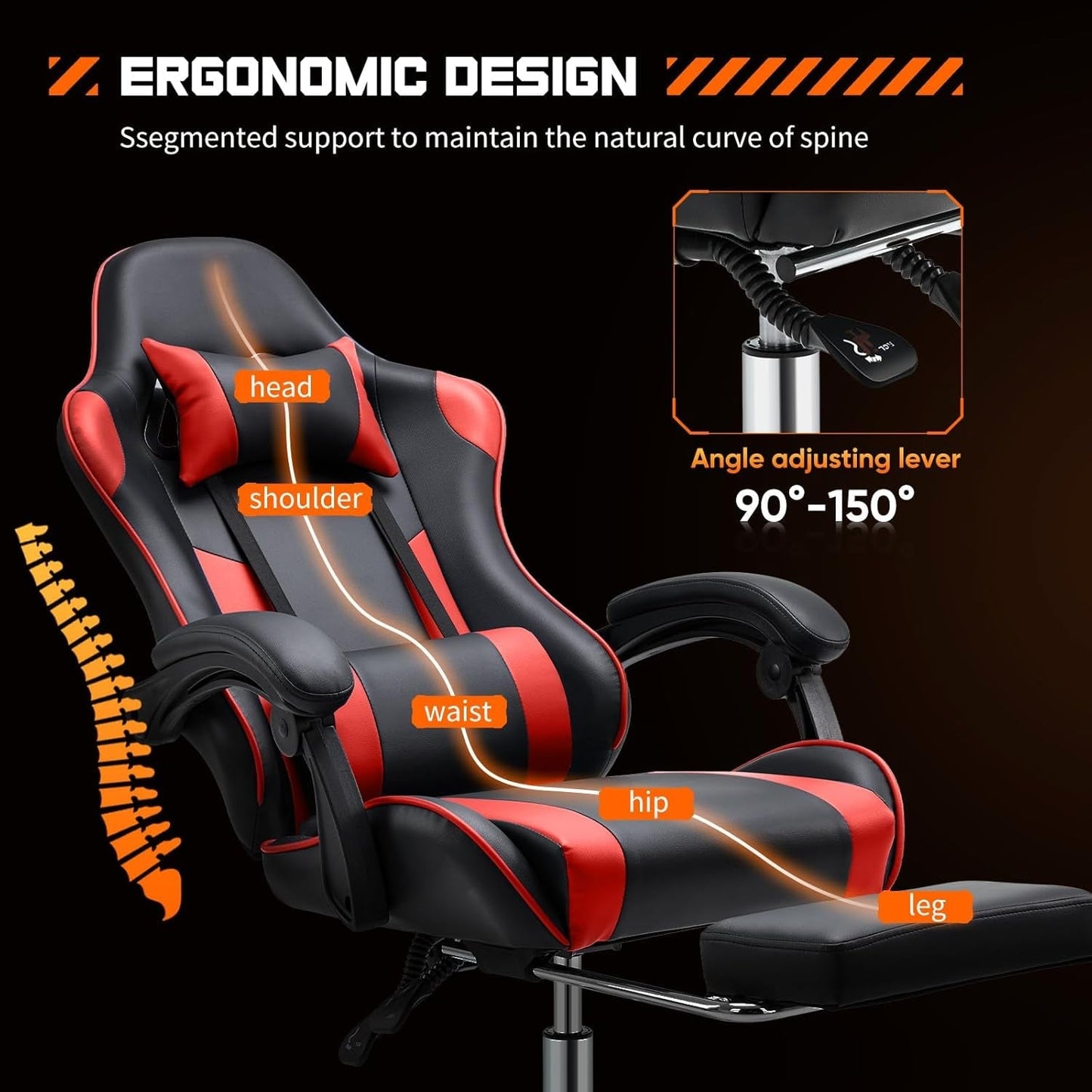 Video Game Desk Chair - Ergonomic Computer with Footrest and Comfy Lumbar Support, PU Leather Recliner with Headrest, Fixed up Armrest, Height Adjustable with 360° Swivel, for Adults, Red-3