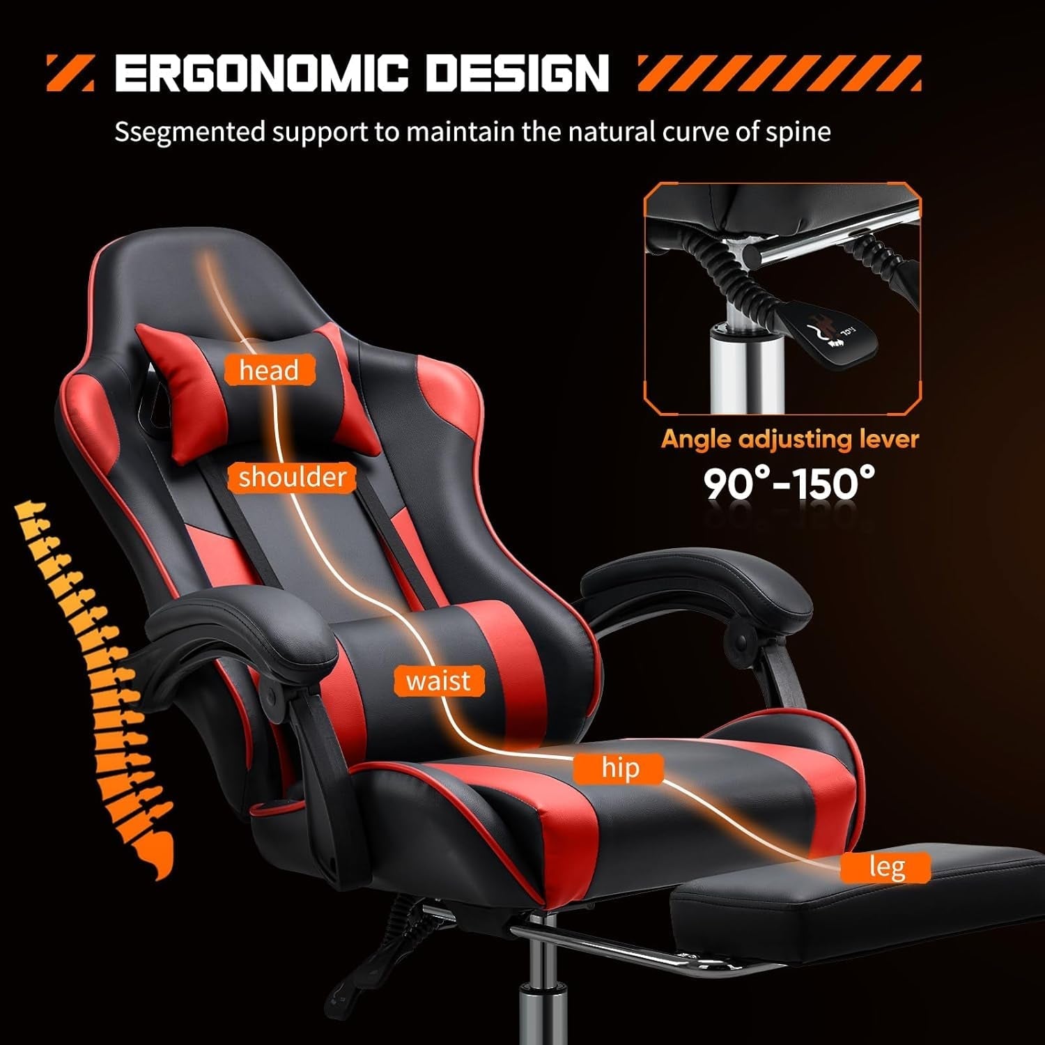 Video Game Desk Chair - Ergonomic Computer with Footrest and Comfy Lumbar Support, PU Leather Recliner with Headrest, Fixed up Armrest, Height Adjustable with 360° Swivel, for Adults, Red-3