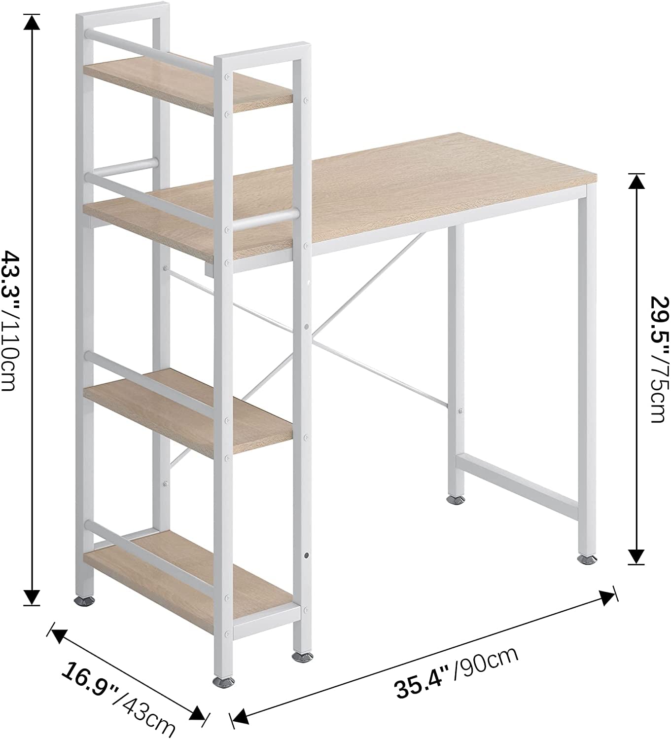 Small 4-Tier Desk with Bookshelf - Natural/White-2
