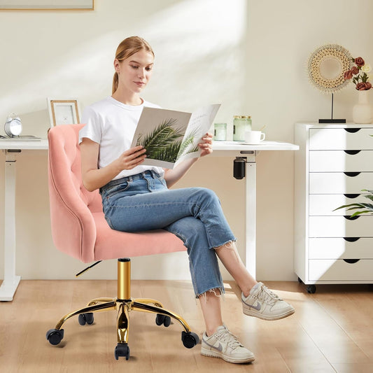 Velvet Office Swivel Chair, Vanity Chair, Fabric Desk Chair, Pretty Fancy Chair, Gold Office Chair for Girls, 360°Swivel Height Adjustable Reception Chair (Pink)-1